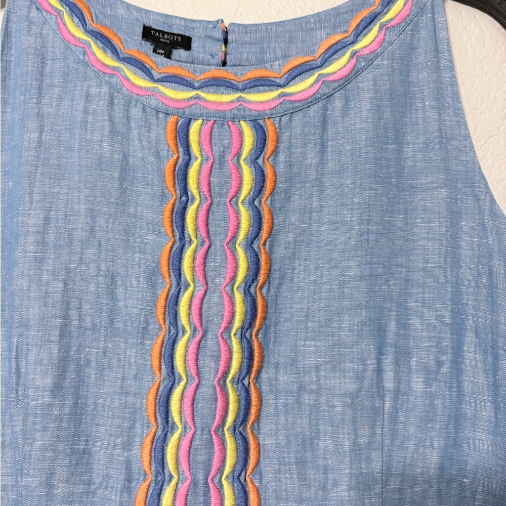Talbots Chambray Colorful Scalloped Embroidery Shift Dress Sleeveless Back Zip - Picture 7 of 16